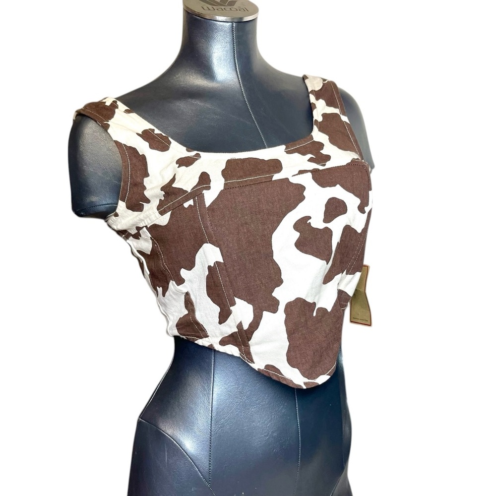 NWT Lone Star Crop Top Womens M Cow Print Black White Corset Style Western